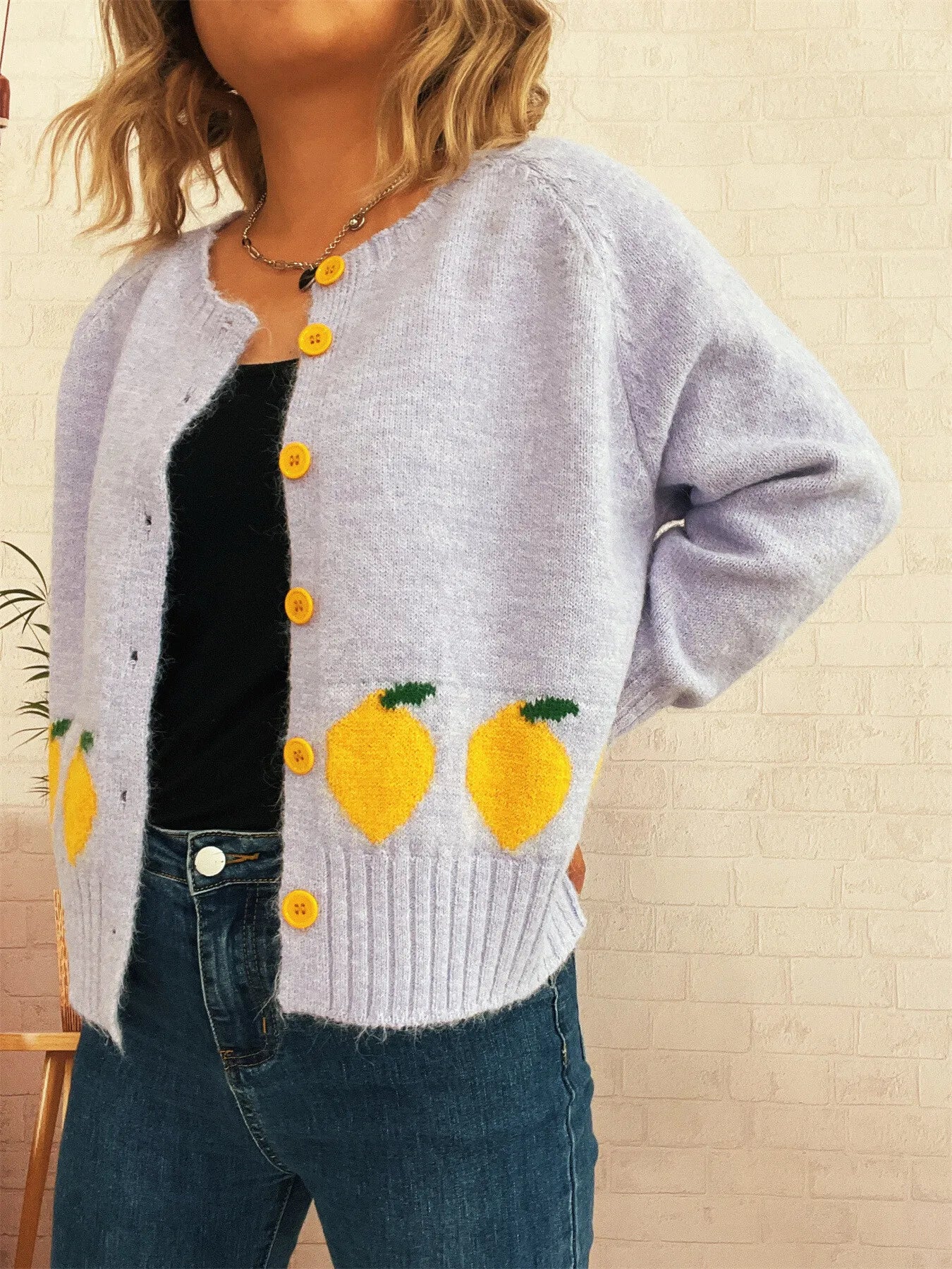 Purple button-up cardigan with playful lemon pattern – Zest & Bloom style from A Whimsical Affair.