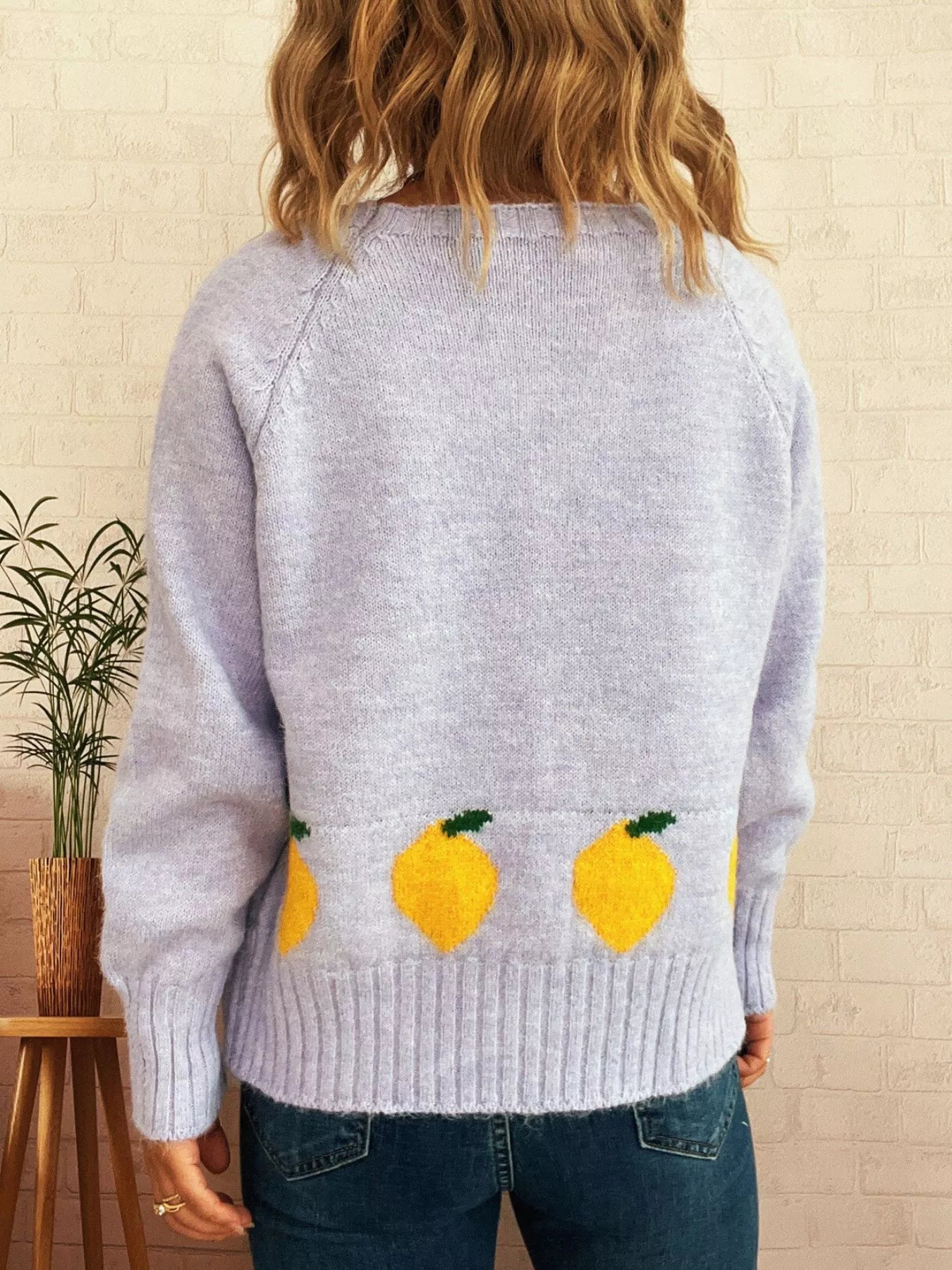 Purple button-up cardigan with playful lemon pattern – Zest & Bloom style from A Whimsical Affair.