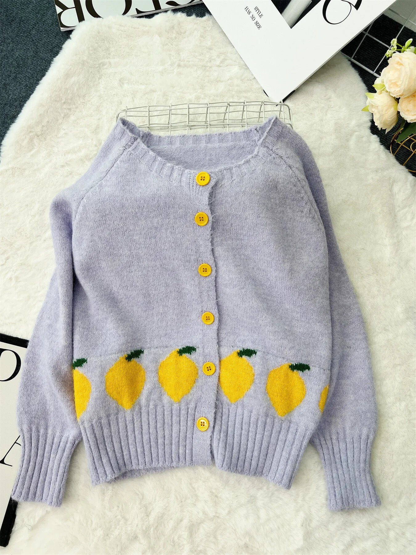 Purple button-up cardigan with playful lemon pattern – Zest & Bloom style from A Whimsical Affair.