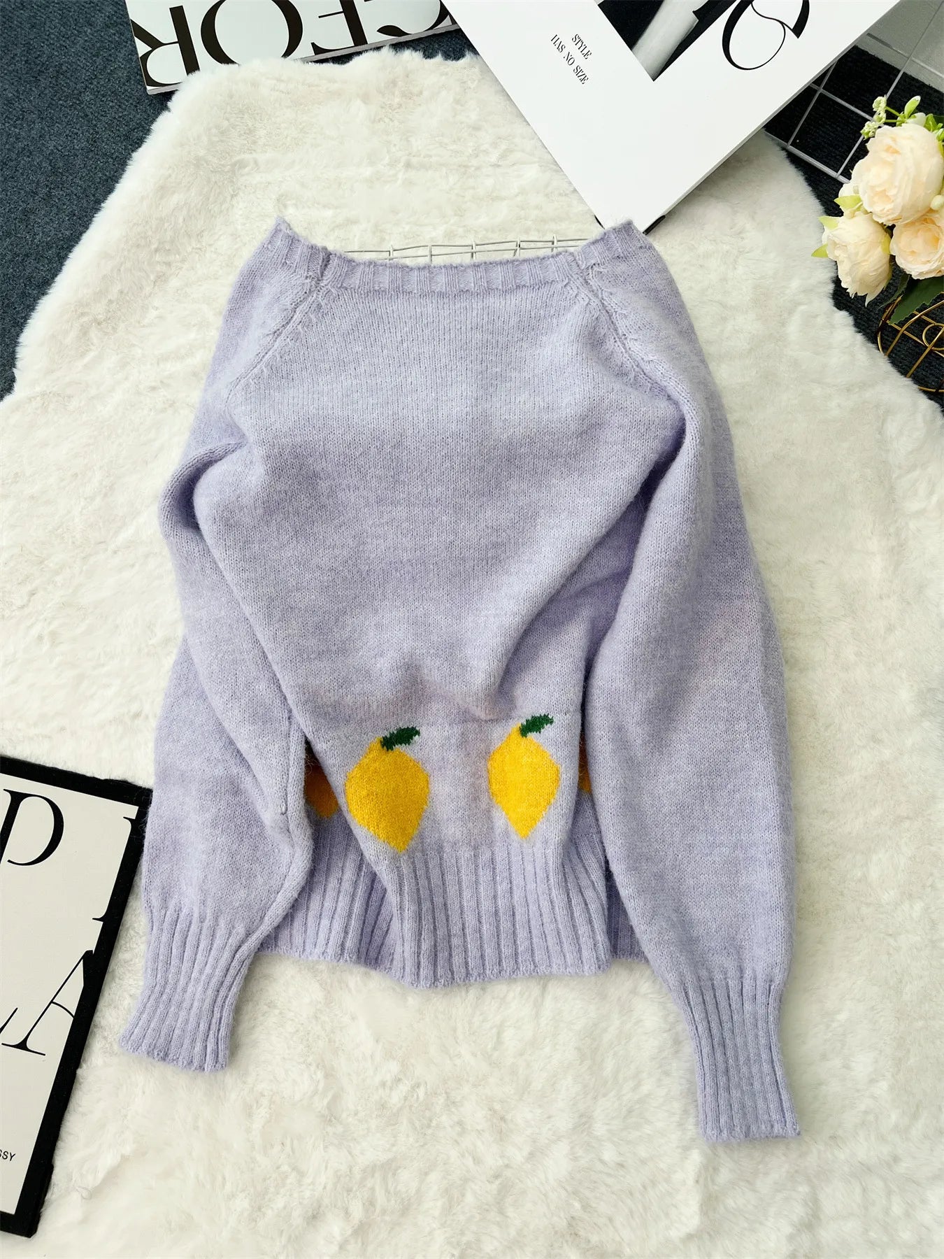 Purple button-up cardigan with playful lemon pattern – Zest & Bloom style from A Whimsical Affair.