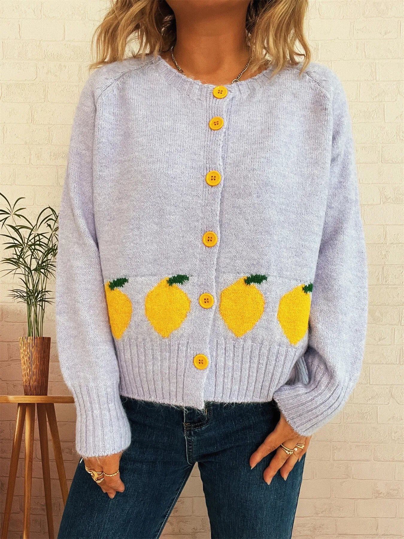 Purple button-up cardigan with playful lemon pattern – Zest & Bloom style from A Whimsical Affair.