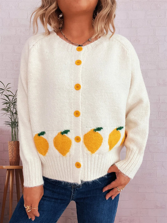 White button-up cardigan with playful lemon pattern – Zest & Bloom style from A Whimsical Affair.